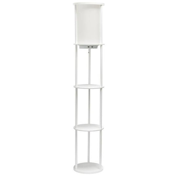 Simple Designs 62.5in. Round Modern Shelf Etagere Organizer Storage Floor Lamp with 2 USB Charging Ports, 1 Charging Outlet and Linen Shade for Living Room Bedroom Office, White