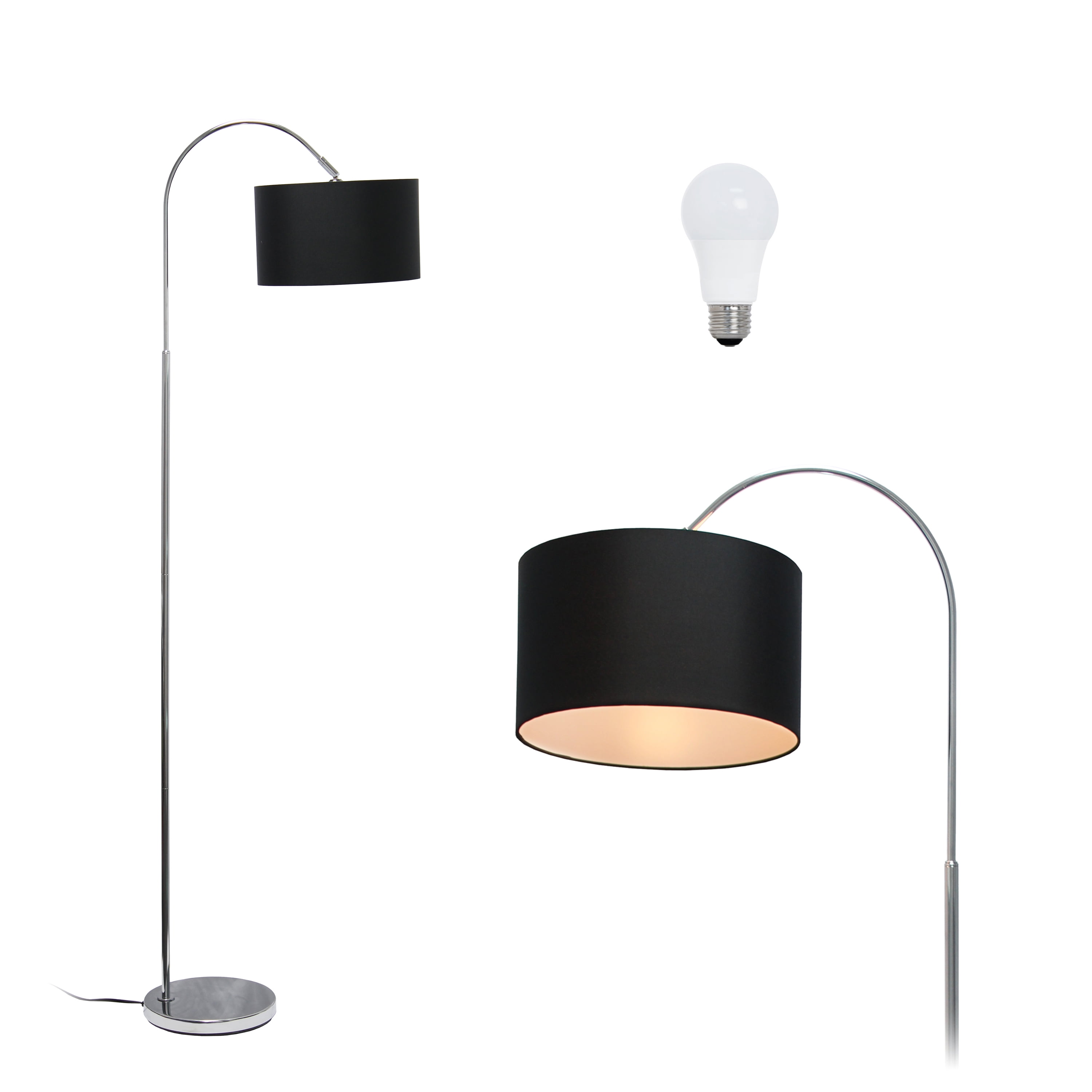 66" Brushed Nickel Arched Floor Lamp with Black Fabric Shade