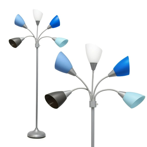 Simple Designs 67" Medusa 5-Light Adjustable Gooseneck Floor Lamp, Silver with Blue/White/Gray Shades
