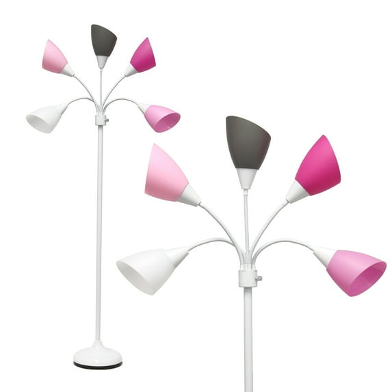 Simple Designs LF2006-WPG 67" Contemporary Multi Head Medusa 5 Light Adjustable Gooseneck White Floor Lamp with Pink, White, Gray Shades for Kids Bedroom Playroom Living Room Office, 30 x 10 x 67