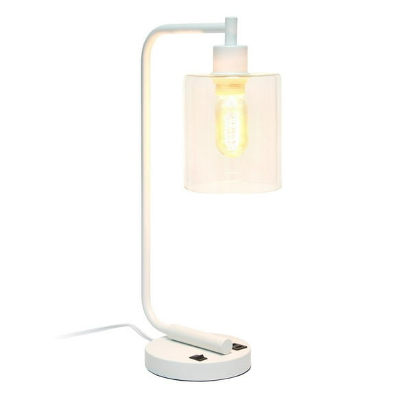 Simple Designs Bronson Antique Iron Lantern Desk Lamp with USB Port White