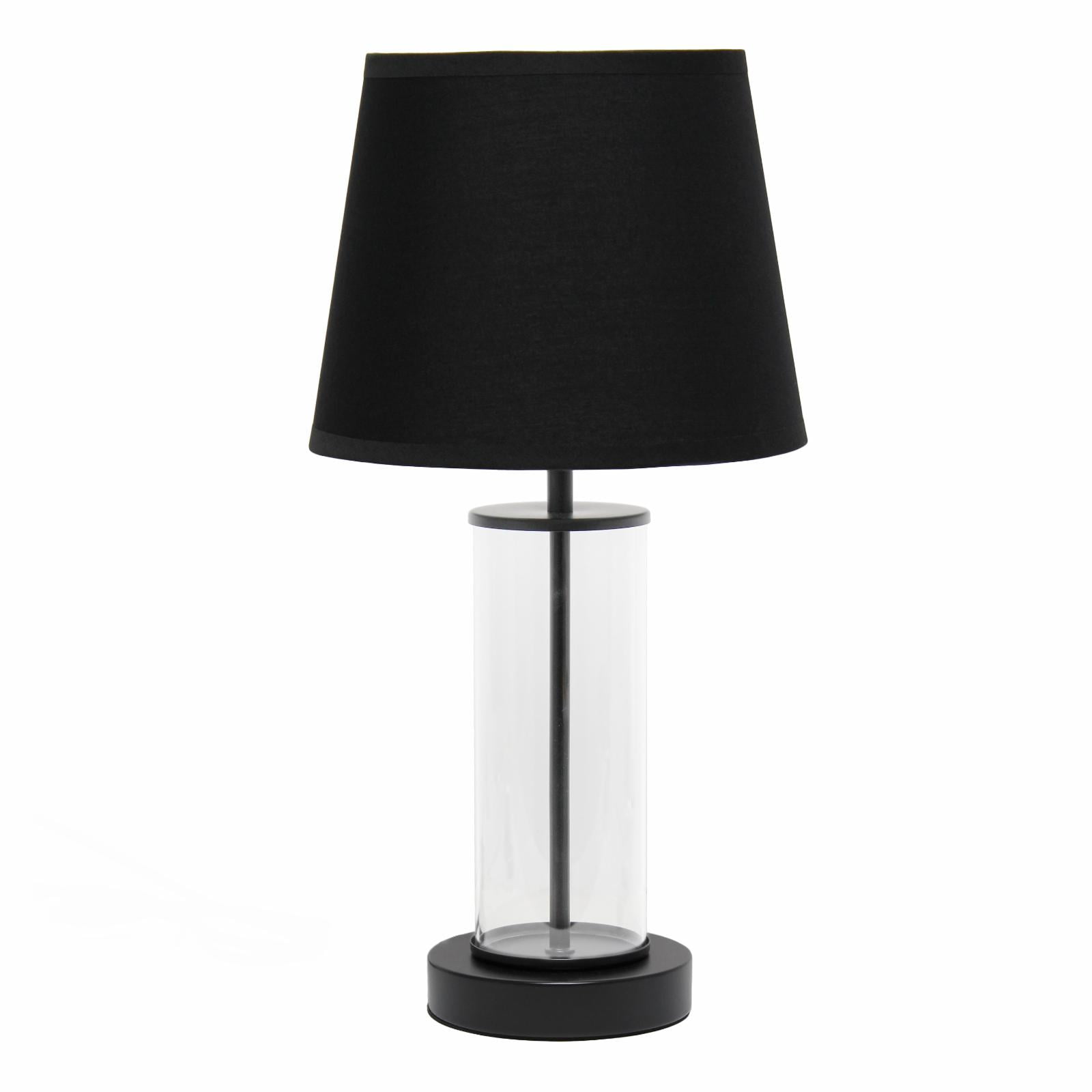 Black Metal and Clear Glass Table Lamp with White Fabric Shade