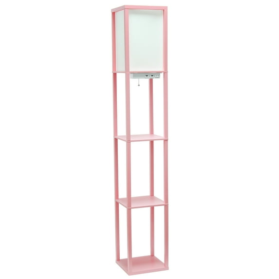 Simple Designs 62.5" 3-Shelf Etagere Organizer Storage Floor Lamp w/ USB Ports, Charging Outlet, Light Pink