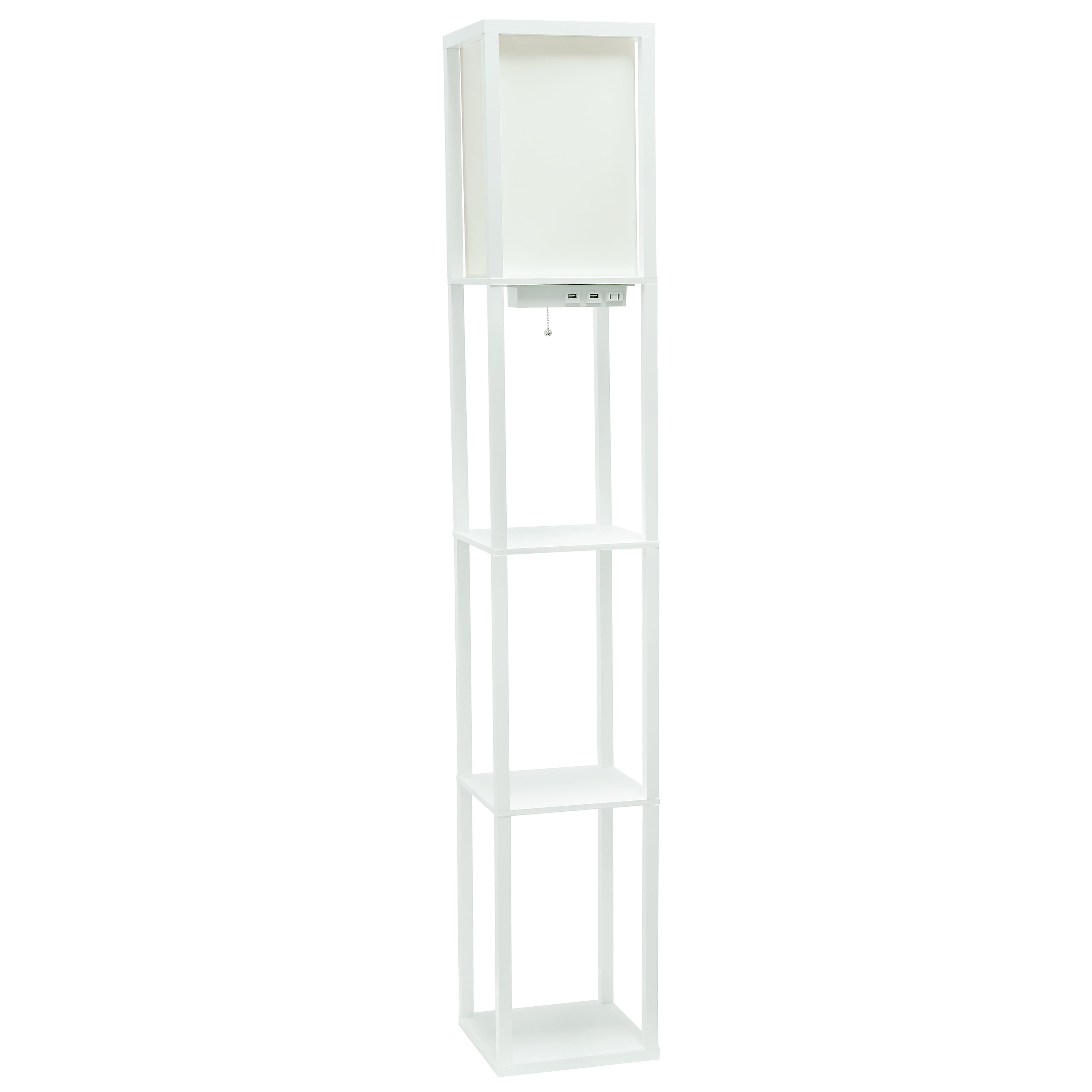 White Wood Floor Lamp with Shelves and Linen Shade