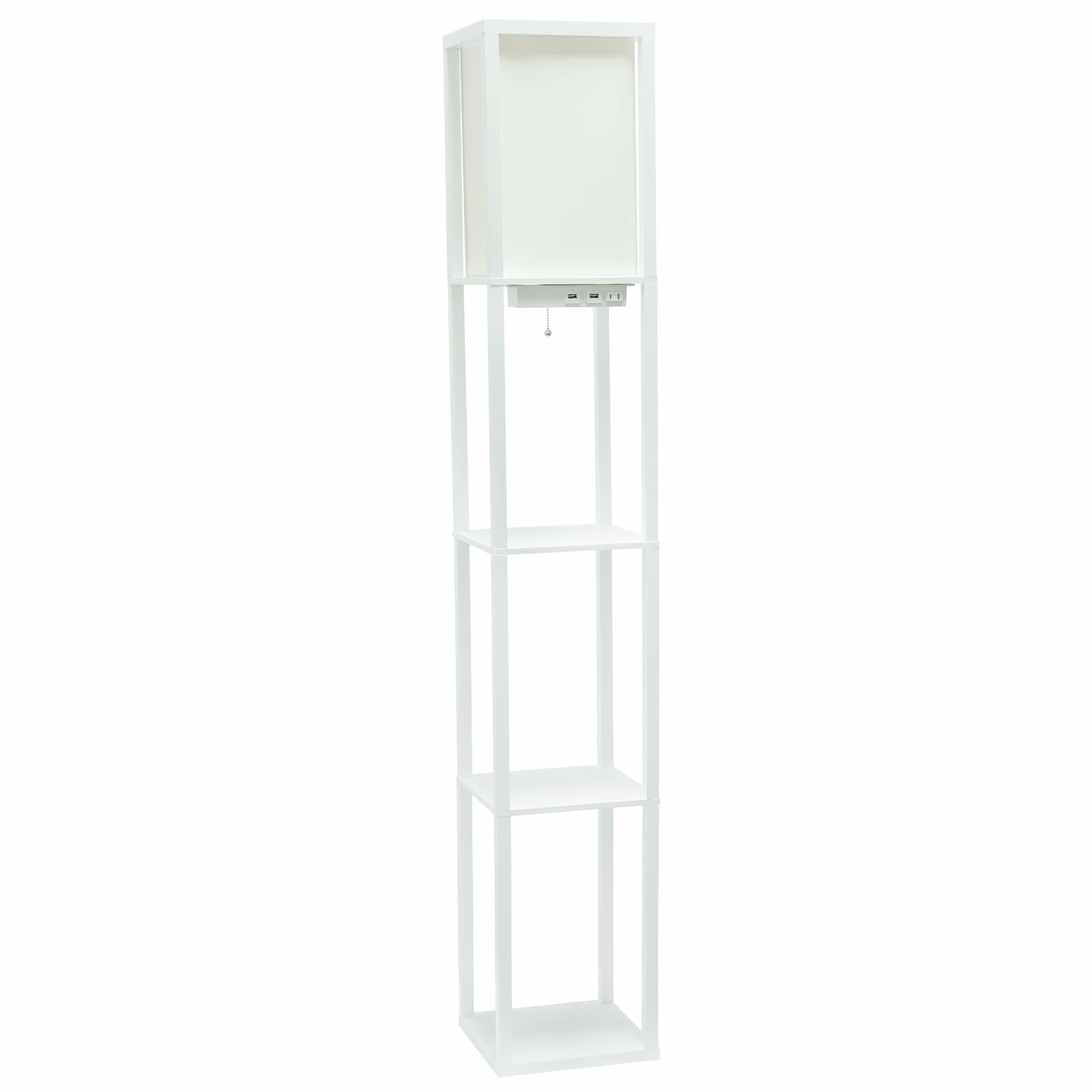 White Wood Floor Lamp with Shelves and Linen Shade
