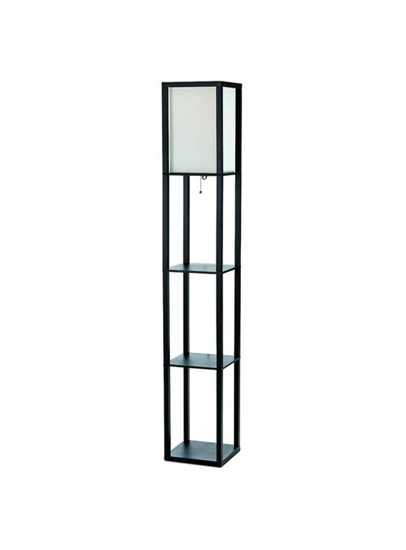 Simple Designs Floor Lamp Etagere Organizer Storage Shelf with Linen Shade, Black