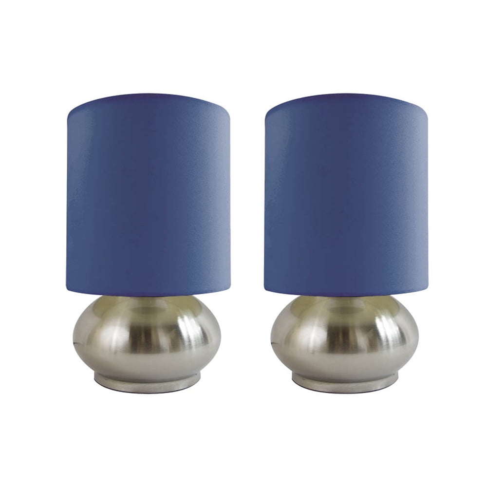 Simple Designs Gemini 2 Pack Mini Touch Lamp with Brushed Nickel Base and Blue Fabric Shades