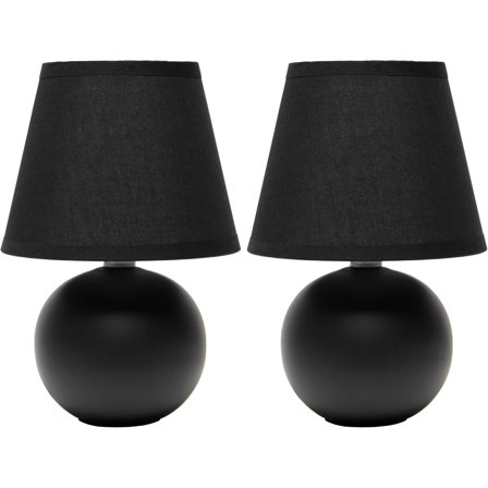 Simple Designs LT1196-BLK-2PK 8.66" 2-Pack Chic Little Globe Ceramic Table Lamp Set with Matching Tapered Shade, for Living Room, Bedroom, Office, Black