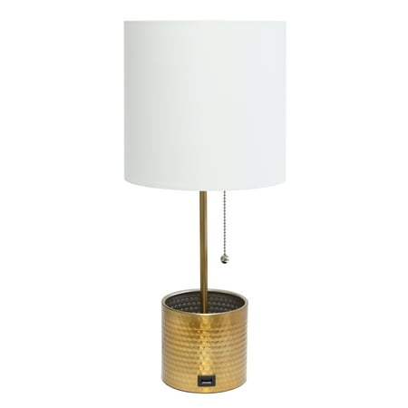 Simple Designs - Hammered Metal Organizer Table Lamp with USB charging port and Fabric Shade - Gold base/White shade