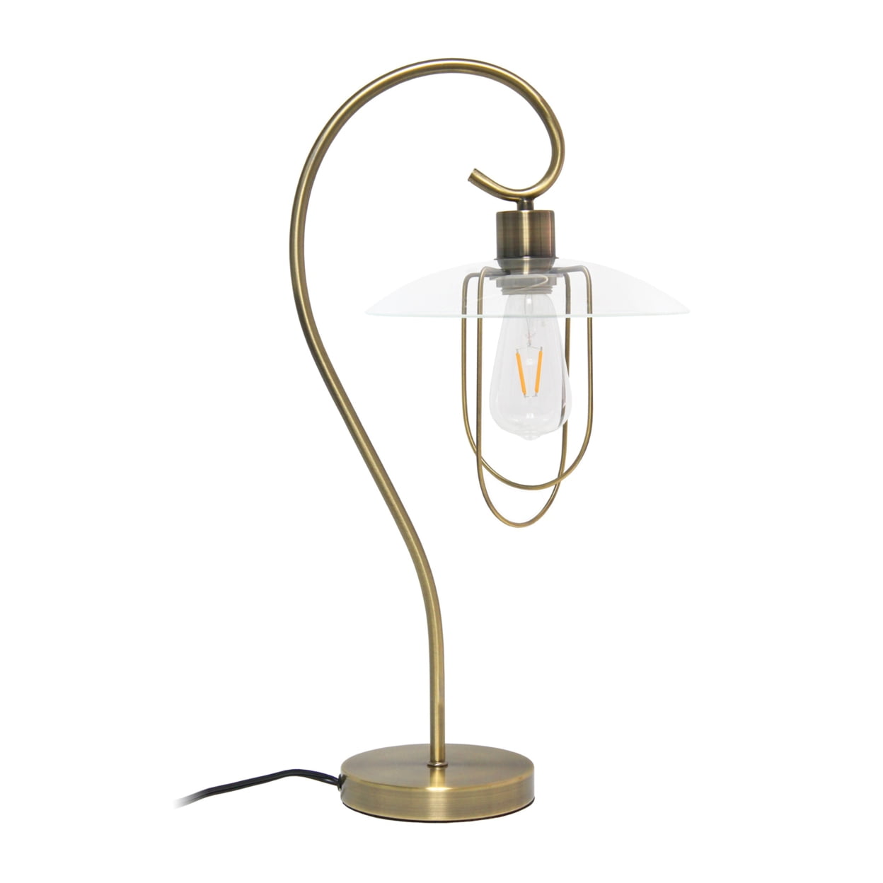 Antique Brass Curved Metal Table Lamp with Clear Glass Shade