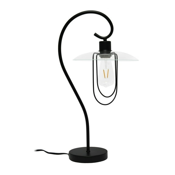 Simple Designs Modern Table Lamp with Curved Metal Base and Clear Glass Shade - Black