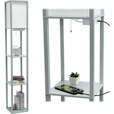 Simple Designs Organizer Storage Shelf with 2 Ports, 1 Charging Outlet and Linen Shade USB Etagere Floor Lamp, Gray