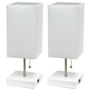 Simple Designs Petite White Stick Lamp with USB Charging Port and Fabric Shade 2 Pack Set - White