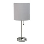 Simple Designs LT2024-GRY Brushed Steel Stick Table Desk Lamp with Charging Outlet and Drum Fabric Shade, Gray