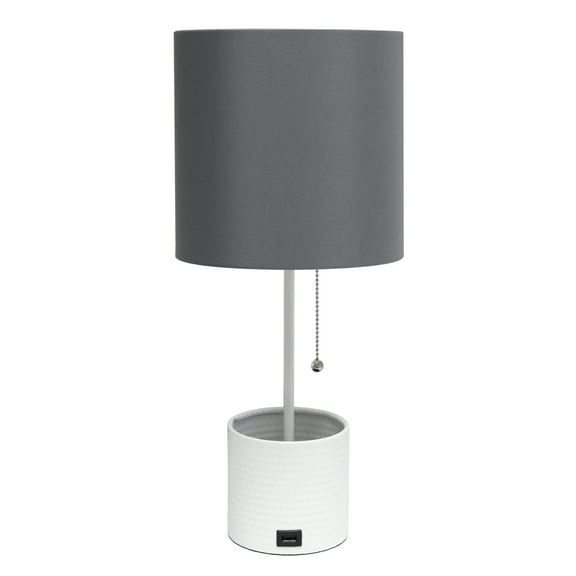 Simple Designs White Hammered Metal Organizer Table Lamp with USB charging port and Fabric Shade, Gray