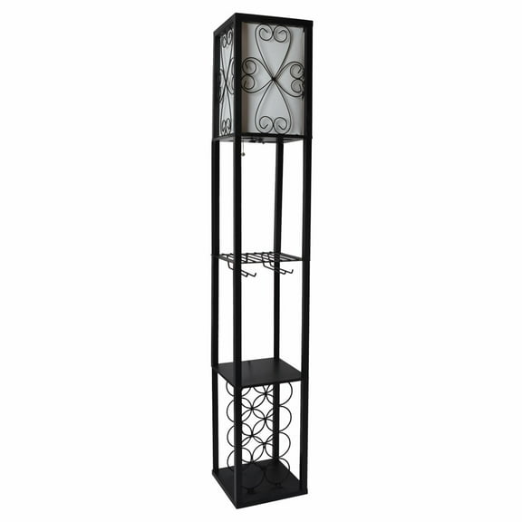 Simple Designs Floor Lamp Etagere Organizer Storage Shelf and Wine Rack with Linen Shade