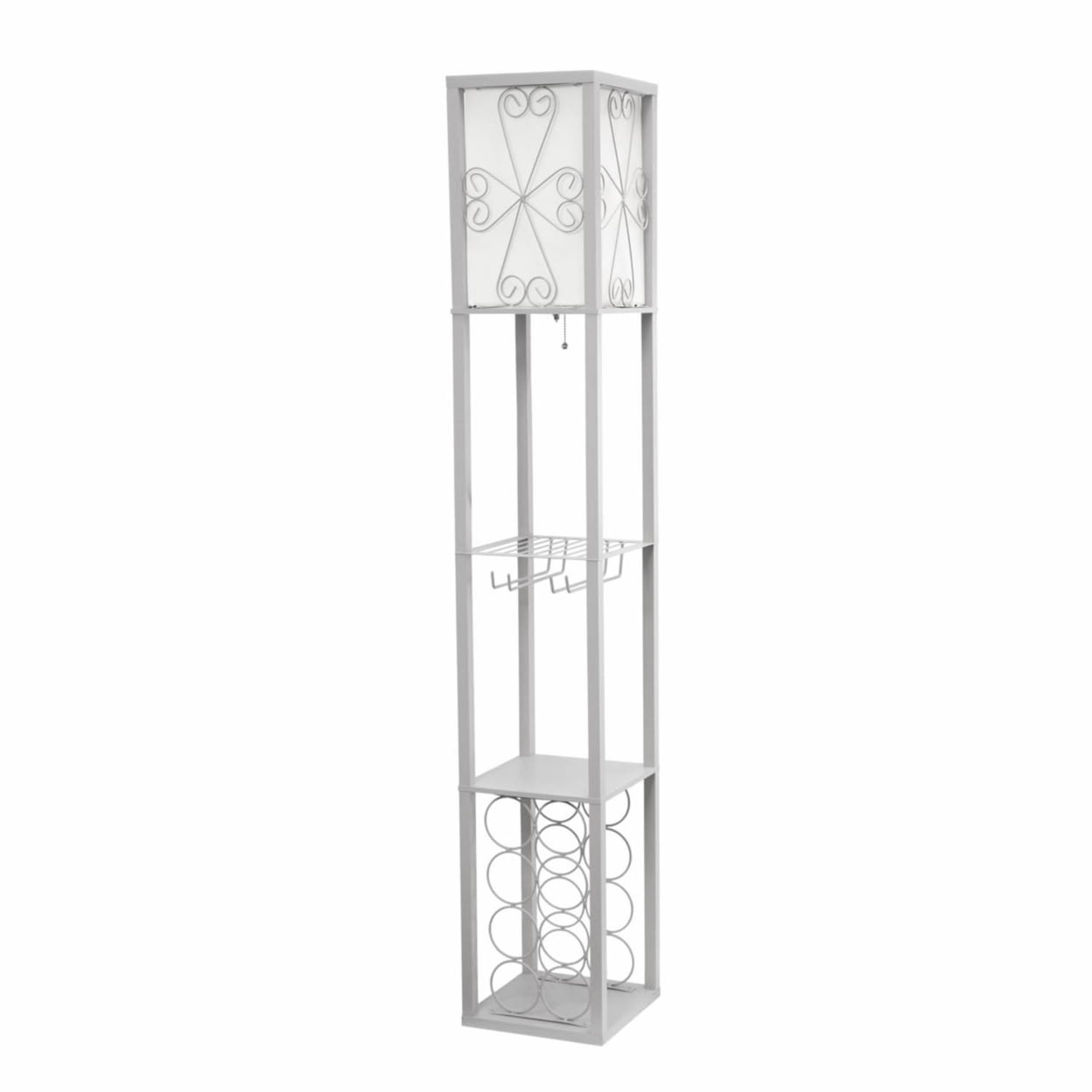 Gray Wood Etagere Floor Lamp with Wine Rack and Cream Shade