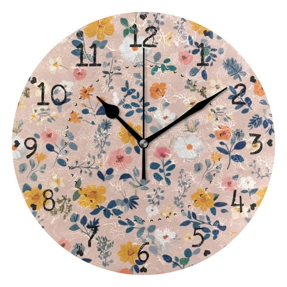 Simple Diverse Flowers Round Wall Clock Silent Battery Operated Home Decor for Living Room Bedroom