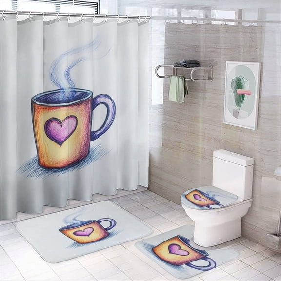 Simple Doodle of A Coffee Mug 4 Pcs Shower Curtain Set with Non-Slip Rugs Toilet Lid Cover And Bath Mat Coffee Cup Waterproof Personality Pattern Bath Curtain for Bathroom Decor Set