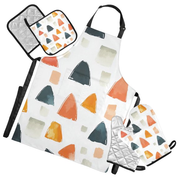 Simple Doodle Triangle Oven Mitts and Pot Holders with Chef Apron Set 5 Pcs Kitchen Cooking Set