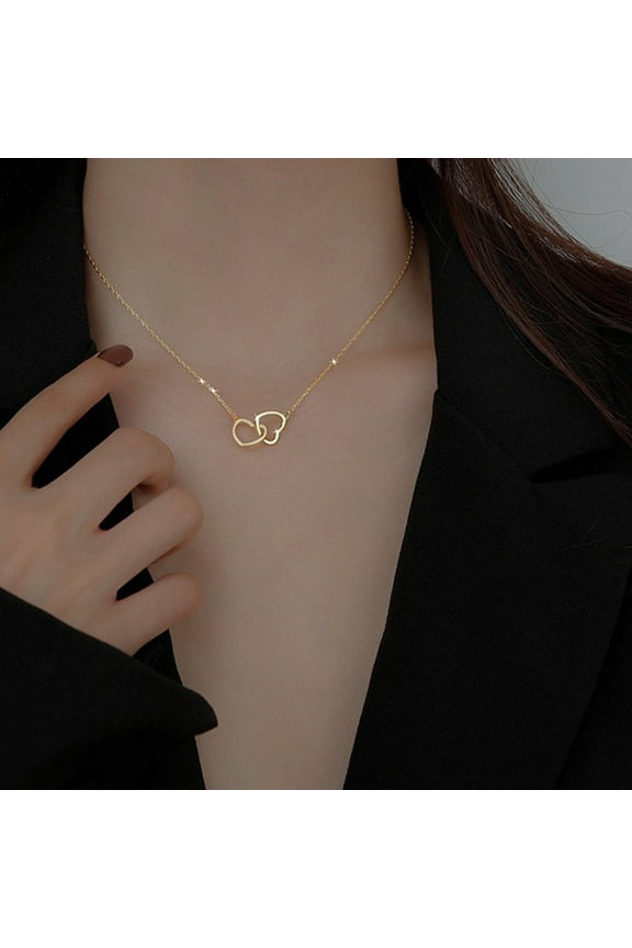 Simple Double Heart Pendant Necklace for Women Couple 14K Yellow Gold Choker Golden Silver Color Chain Wedding Party Friends Jewelry Gift G875