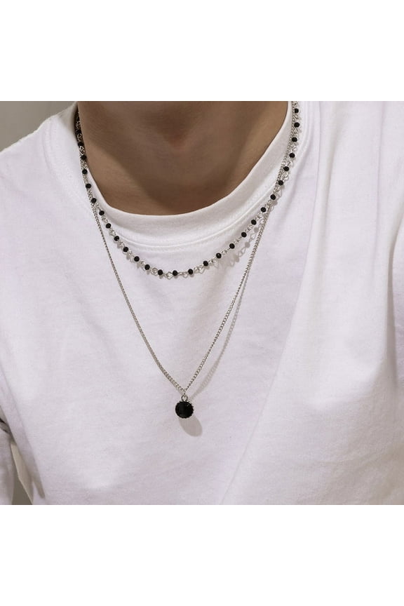 Simple Double-Layered Pearl Necklace Man Black Rhinestone Pendant For Men's Chain Jewelry Accessories
