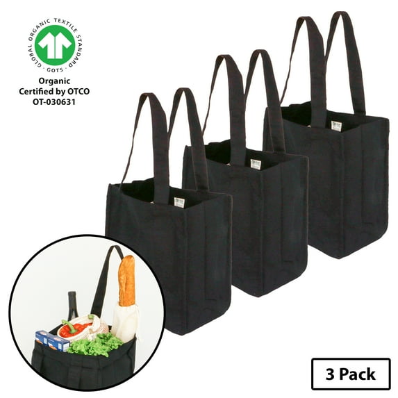 Simple Ecology Deluxe Organic Cotton Canvas Reusable Grocery Shopping Tote Bag with Bottle Sleeves - Black 3 Pack