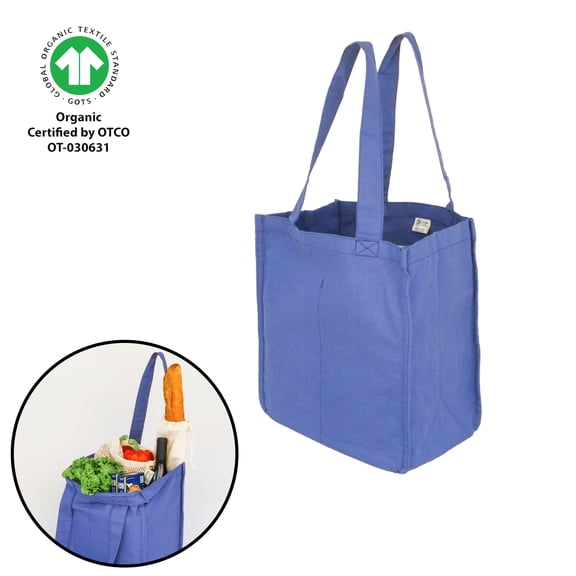 Simple Ecology Deluxe Organic Cotton Canvas Reusable Grocery Shopping Tote Bag with Bottle Sleeves - Blue
