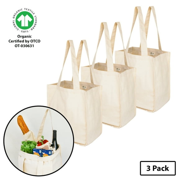 Simple Ecology Deluxe Organic Cotton Canvas Reusable Grocery Shopping Tote Bag with Bottle Sleeves - Natural 3 Pack