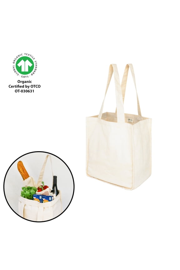 Deluxe Organic Cotton Canvas Reusable Grocery Shopping Tote Bag with Bottle Sleeves - Natural