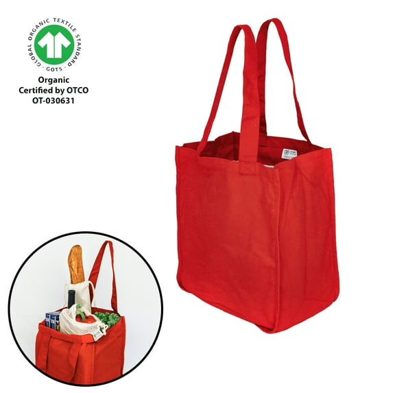 Simple Ecology Deluxe Organic Cotton Canvas Reusable Grocery Shopping Tote Bag with Bottle Sleeves - Red