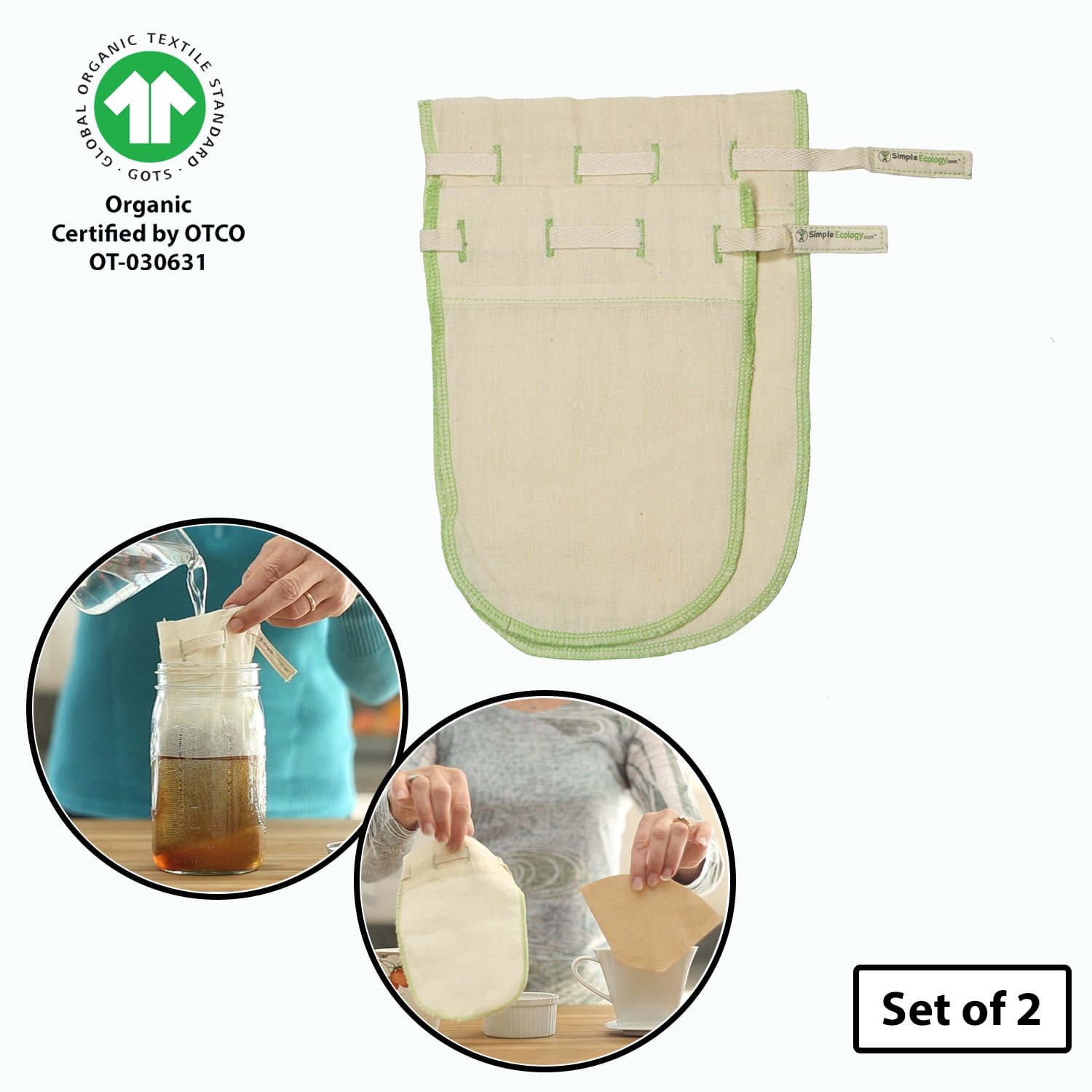 Simple Ecology Organic Cotton Fine Mesh Reusable Straining Bags Coffee Filter Set of 2 (M, S