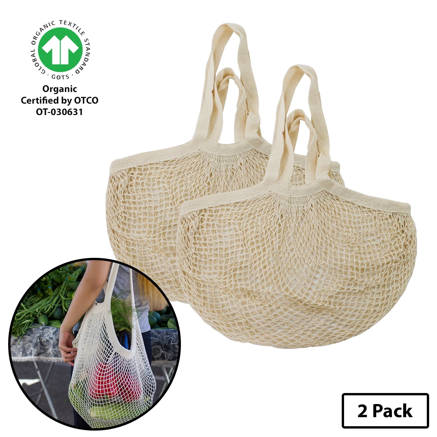 Simple Ecology Organic Cotton Heavy Duty Double Handle Reusable Market Beach Grocery Shopping String Tote Bag Natural 2 Pack