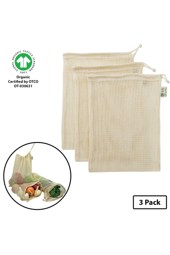 Organic Cotton Mesh Reusable Grocery Shopping Produce Bags - Medium 3 Pack