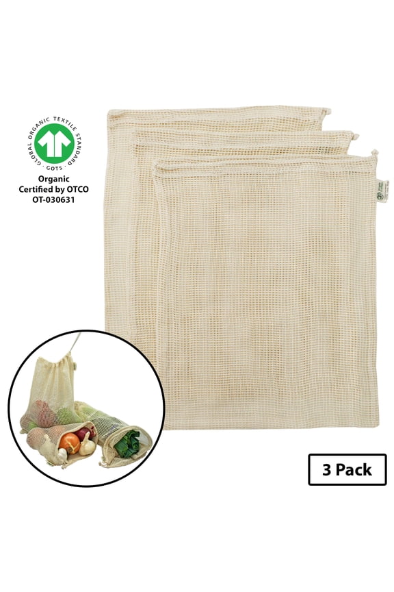 Organic Cotton Mesh Reusable Grocery Shopping Produce Bags - X-Large 3 Pack