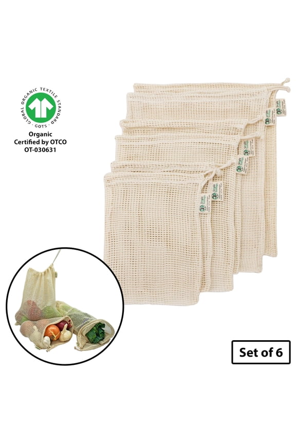 Reusable Eco Bags, Organic Cotton Mesh, Set of 6-Piece, Natural