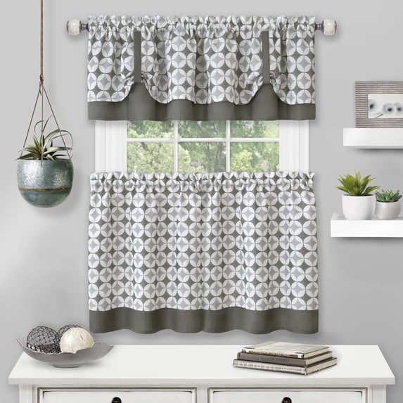 Callie Window Kitchen Curtains, 3-Piece Kitchen Tier Panels and Valance, 58" W x 24" L, Gray