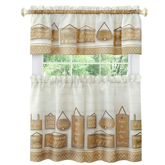 Simple Elegance Modern Farmhouse Tier and Valance Window Curtain Set - 58x24 - Tan