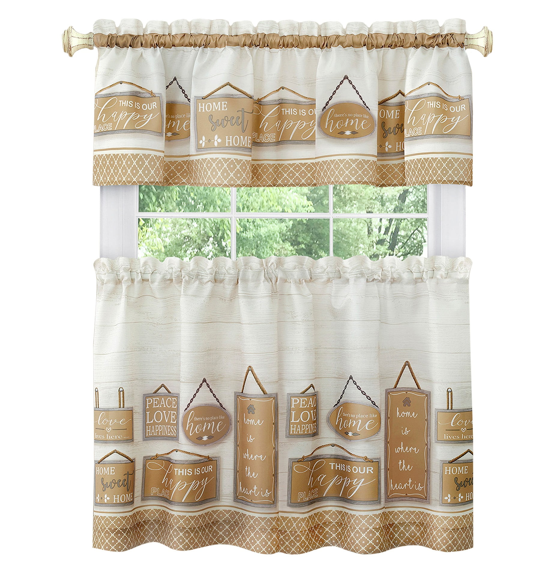 Tan Polyester Light Filtering Cafe Curtains with Typography