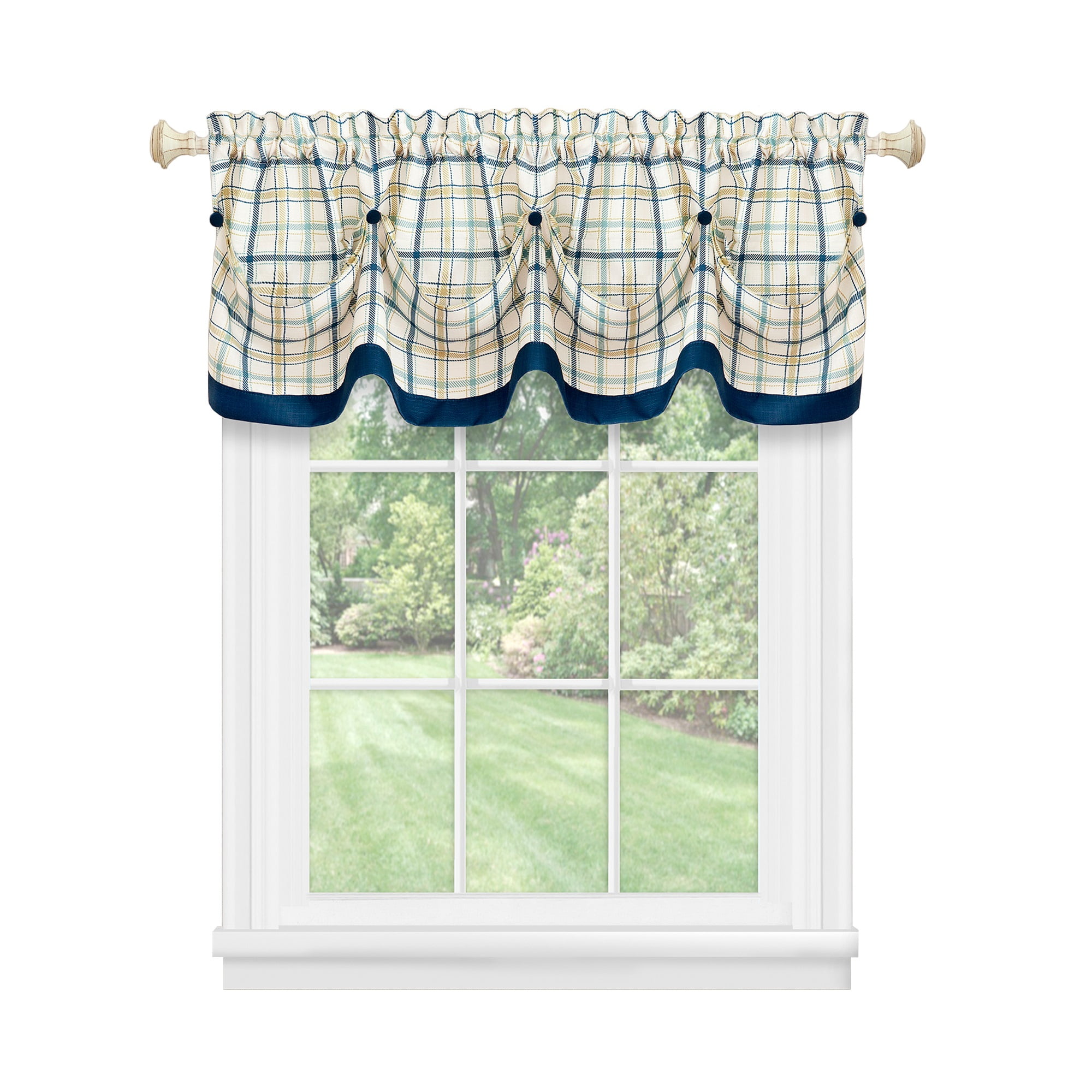 Navy Plaid Polyester Rod Pocket Valance with Buttons