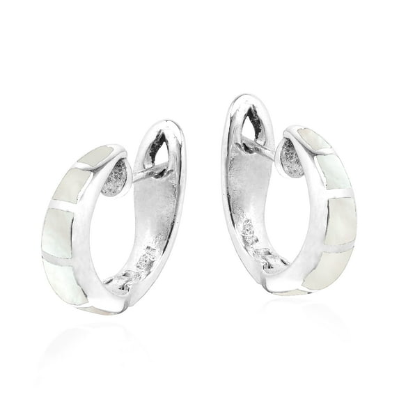 Simple Elegance White Mother of Pearl Inlay Sterling Silver Hoop Huggie Earrings