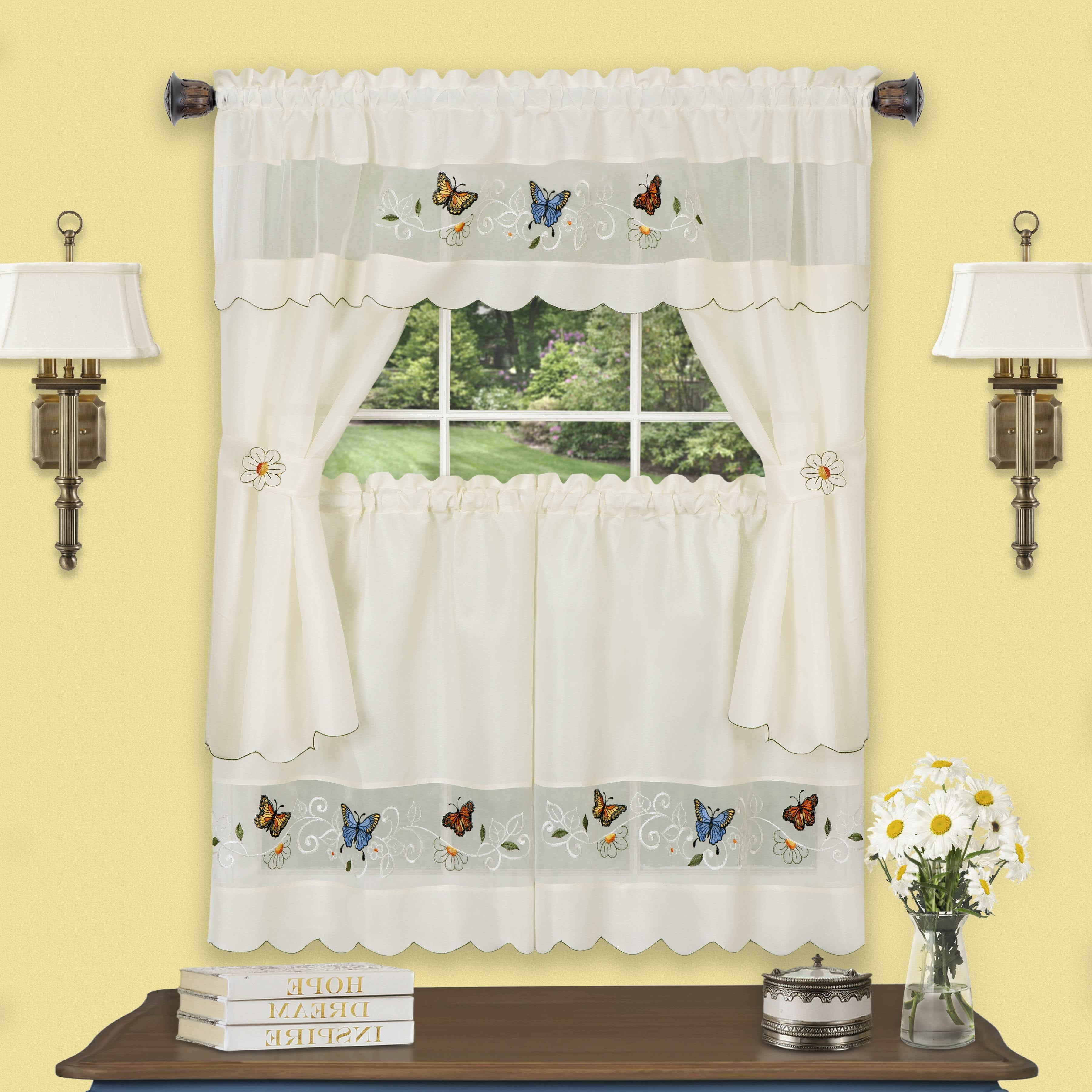 Daisy Meadow Embroidered Butterfly Sill Length Tier Curtains