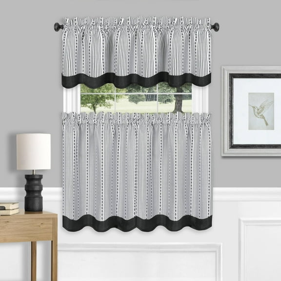 Simple Elegance by Ben&Jonah Laurel Window Curtain Tier Pair and Valance Set - 58"W x 36"L - Black/White
