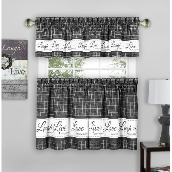 Simple Elegance by Ben&Jonah Live, Laugh, Love Window Curtain Tier Pair and Valance Set - 58"W x 36"L - Charcoal