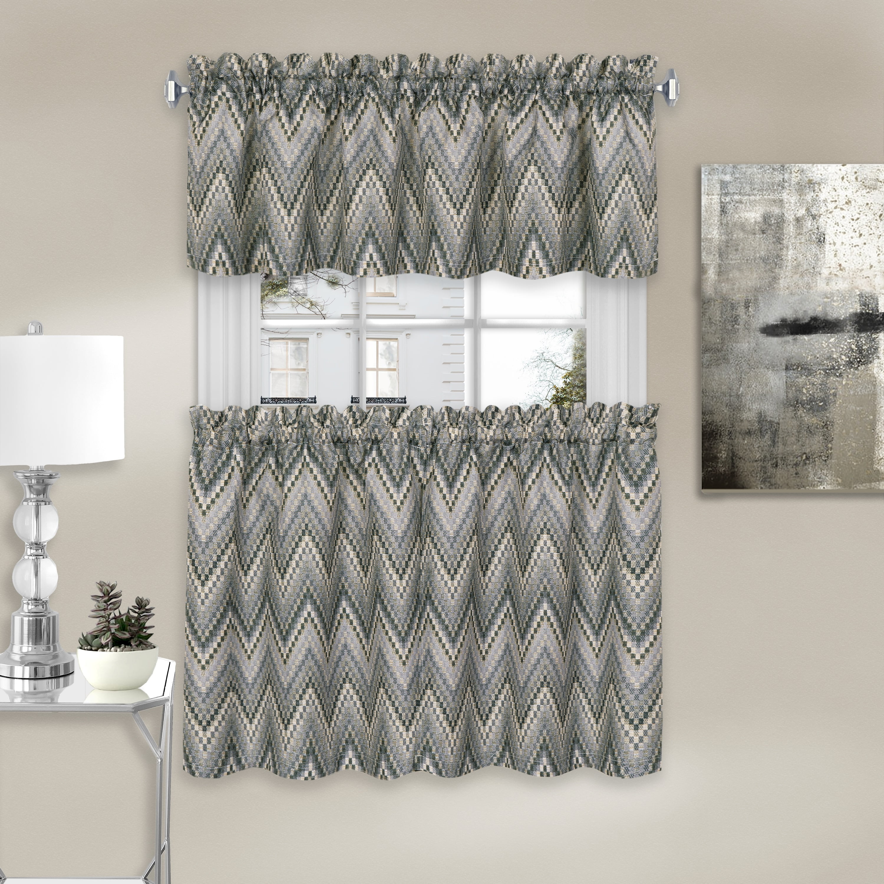 Charcoal Chevron Polyester Rod Pocket Tier Curtains and Valance Set