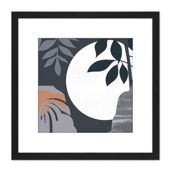 Simple Elegant Boho Rainforest Plants Moonlight Night Shadows Square Wooden Framed Wall Art Print Picture 8X8 Inch