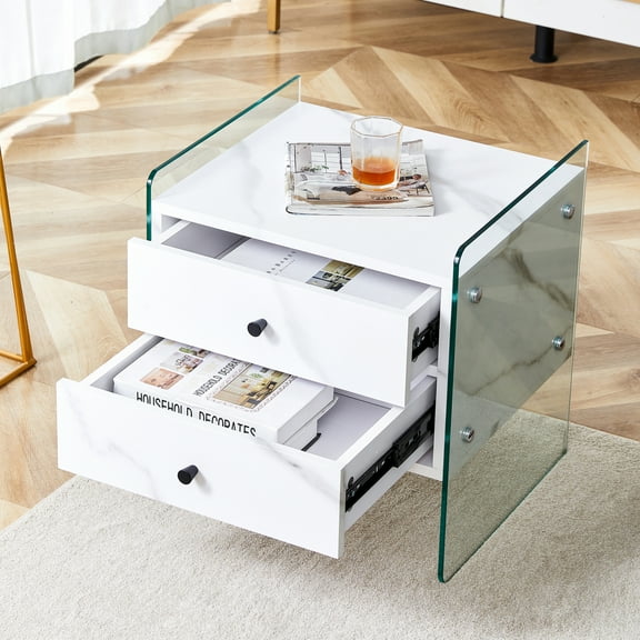 Simple & Elegant White Double-Drawer Bedside Table with Transparent Tempered Glass