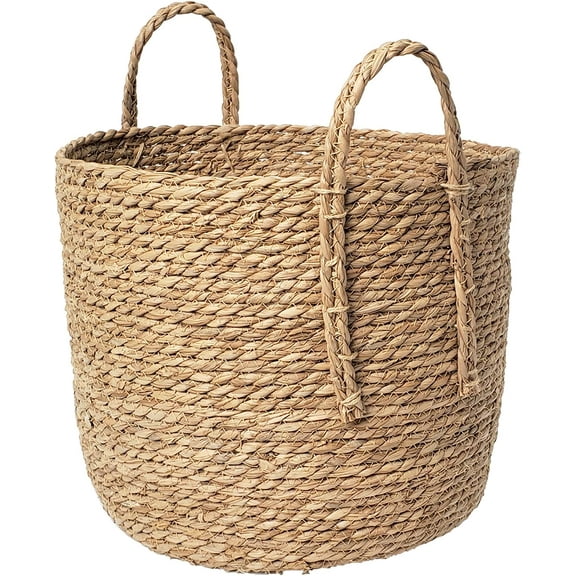 Simple Elements Woven Rattan Storage Basket  Decorative Storage basket for Blankets, Toys, Clothes, Shoes, Towels with Woven Handles  Living Room Home Dcor  12H x 14 Dia. - Brown