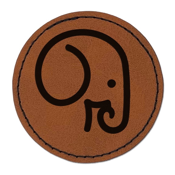 Simple Elephant Head 2.5" Faux Leather Round Engraved Iron-On Patch - Brown