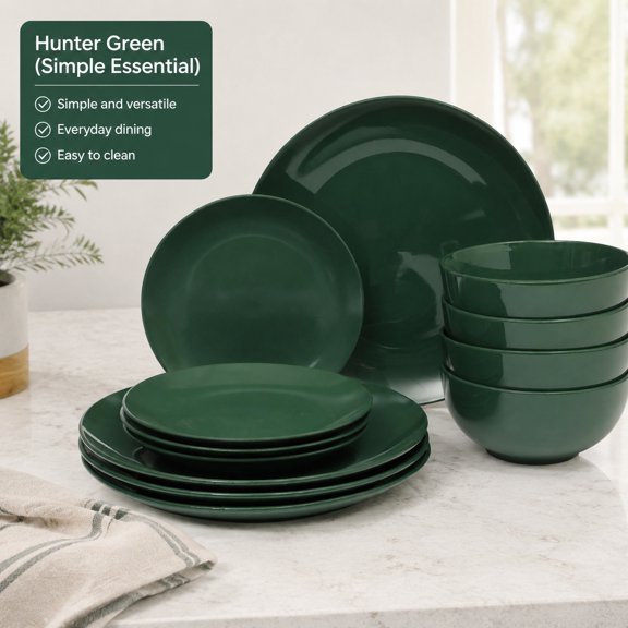 Simple Essential 12-Piece Porcelain Dinnerware Set for 4, Hunter Green Ceramic Plates and Bowls Solid Color Kitchen Dishware